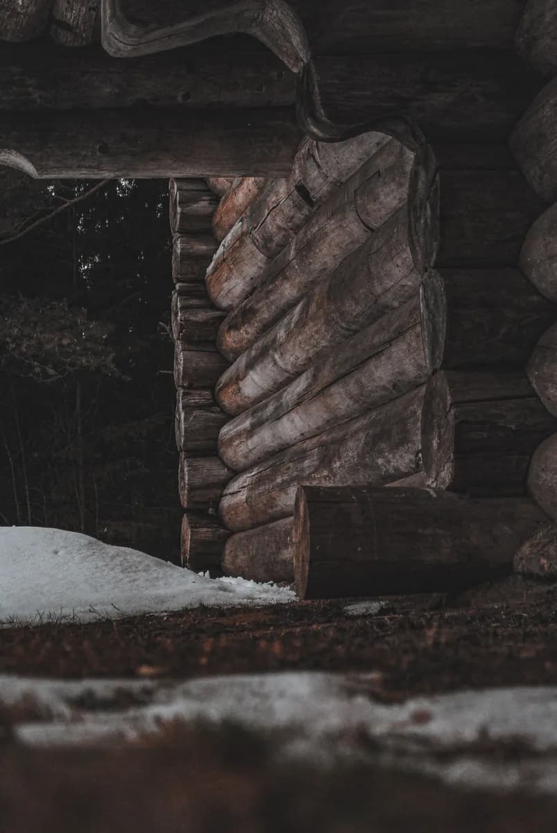 BookNoFees Beispielbild: Verschneiter Eingang einer Blockhütte aus dunklen Rundstämmen