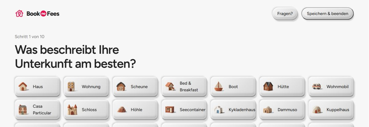 BookNoFees-Inserierung: Im ersten Schritt die Art der Unterkunft auswählen.